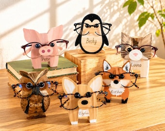 Soporte para gafas de madera personalizado con forma de animal, decoración de escritorio grabada, regalo para el Día de la Madre, regalo para amantes de los animales.