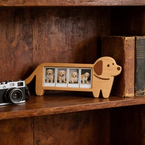 Puede incluir: Marco de fotos de madera con forma de perro que contiene cuatro fotos de cachorros golden retriever. El marco marrón claro está sobre una estantería de madera con una cámara vintage y libros antiguos.