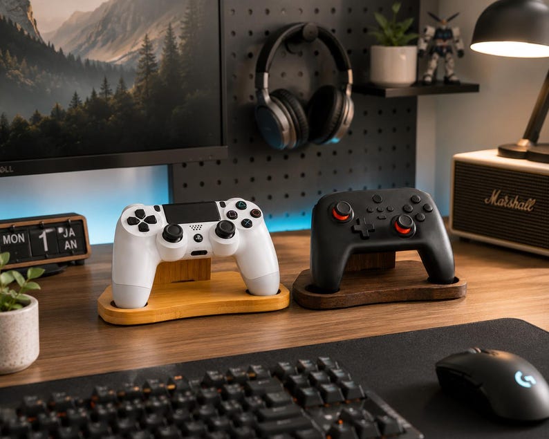 May include: Two wooden controller stands holding gaming controllers. One stand is light-colored wood holding a white controller with black buttons, and the other is dark-colored wood holding a black controller with red accents on the analog sticks.