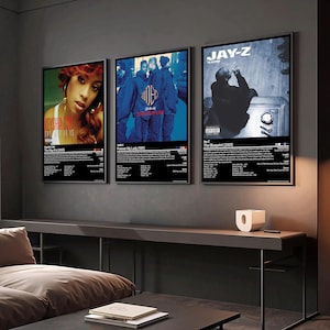 May include: Three framed music album posters. The posters feature album art for Keyshia Cole, Jodeci, and Jay-Z. The posters are displayed on a dark gray wall above a dark gray console table. The album titles and artist names are visible.