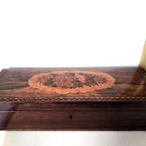 Antique Tunbridge ware glove or jewellery box, floral pillow top, with key