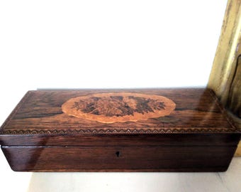 Antique Tunbridge ware glove or jewellery box, floral pillow top, with key