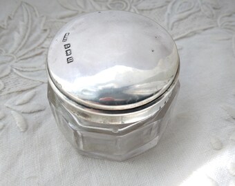 Edwardian small vanity pot, silver lid, faceted glass, hallmarked