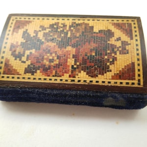 Antique Tunbridge ware needle book with floral bouquets, original interior