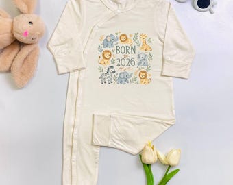 Custom Safari Animals Bodysuit, Born In 2026 Safari Baby Romper, Zoo Animal Baby Outfit
