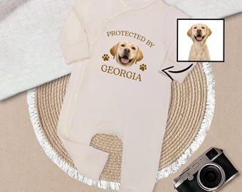 Custom Dog Baby Bodysuit, Protected Baby Dog Baby Romper, New Best Friends Baby Jumpsuit, Custom Dog Photo Baby Romper