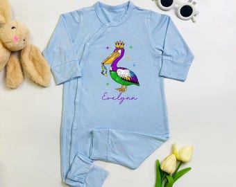 Custom Mardi Gras Pelican Baby Bodysuit, Fat Tuesday Parade Baby Romper, New Orleans Baby Clothes