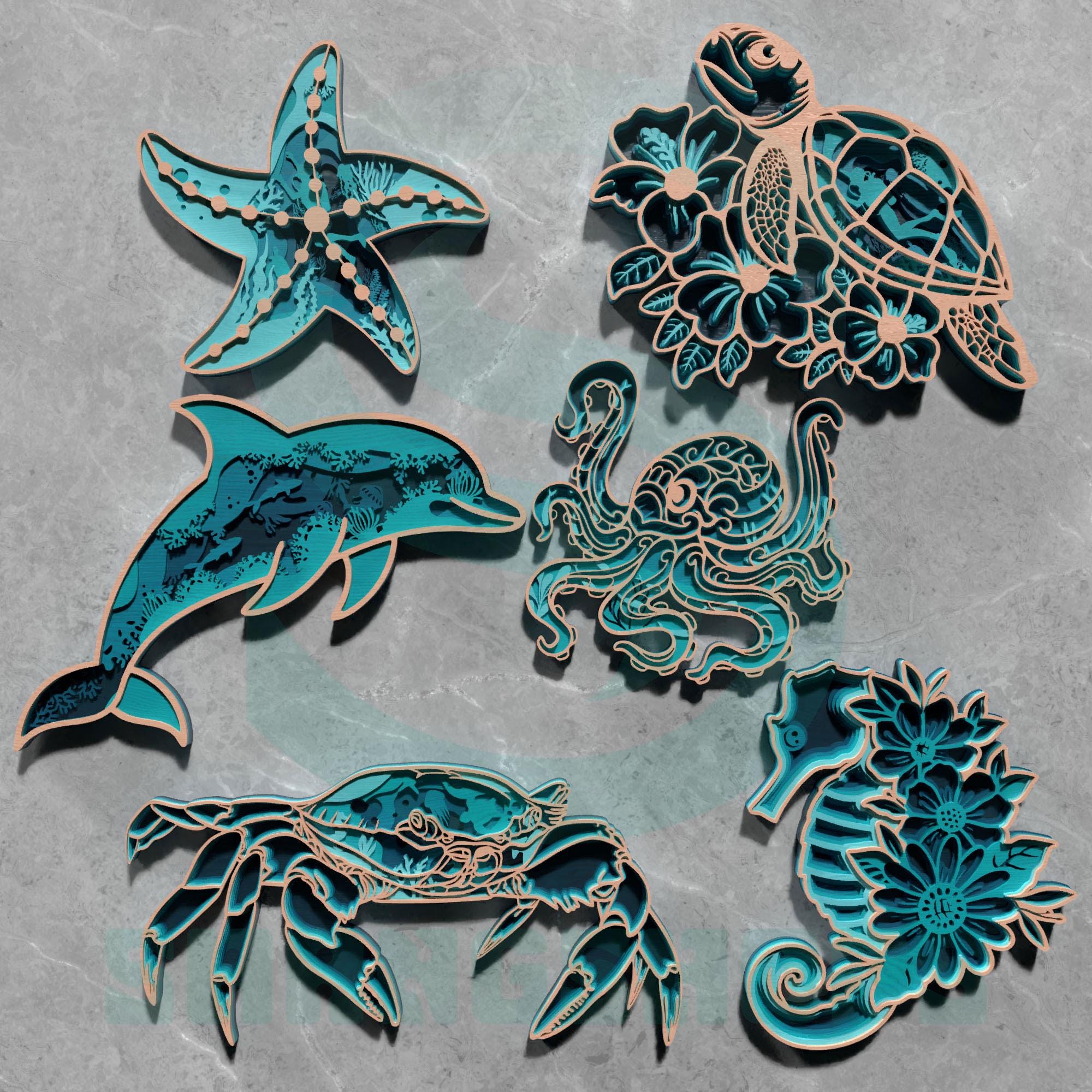 Sea Animals SVG Bundle, 3D Layered Ocean Life Laser Cut Files for Glowforge, Cricut Wall Art, Coastal Decor Digital Download