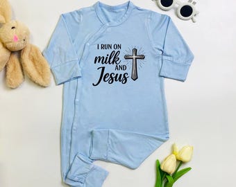 I Run Milk And Jesus Baby Bodysuit, Christian Baby Romper, Religious Baby Outfit