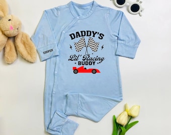 Daddy's Lil' Racing Buddy Baby Bodysuit, Custom Baby Name Romper, Grandpa Baby Romper, Racing Car Gift