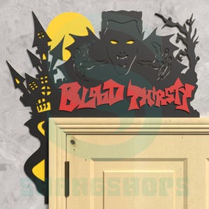 Archivo SVG cortado con láser para colgar puertas de Halloween con vampiro sediento de sangre, archivo digital