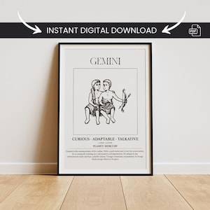 Gemini Zodiac Sign Printable | Vintage Astrology Wall Art Digital Download