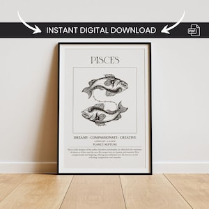 Pisces Zodiac Sign Printable Wall Art – Minimalist Pisces Astrology Poster, Dreamy Horoscope Decor, Digital Download