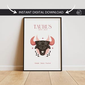 Taurus Zodiac Sign Poster – Minimal Astrology Wall Art, Taurus Gift for Her, A4 Digital Download