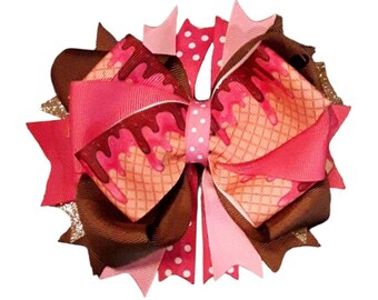 Chocolate Ice Cream Sprinkles Hair Bow, Ice Cream Bows, 5 inch bows, baby girl hair clips, toddler bow hair clips, toddler bows