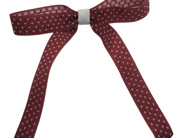 Burgundy White Dot Hair Bow, Long Tail Bow