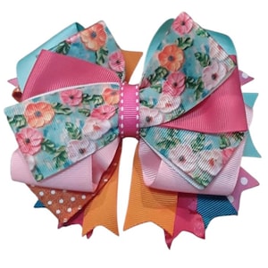 Floral Hair Bow, Flower Hair Bow, 5 inch hair bow, baby girl hair clips, toddler bow hair clips, toddler bows, Ready to ship bows