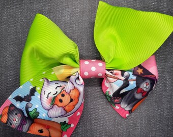 Pink Halloween Ghost & Black Cats Hair Bow, Boutique Pinwheel Bow