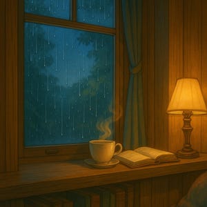 Ghibli Rainy Window Wall Art – Cozy Interior Poster, After the Rain Digital Download, Teacup and Book Printable Decor