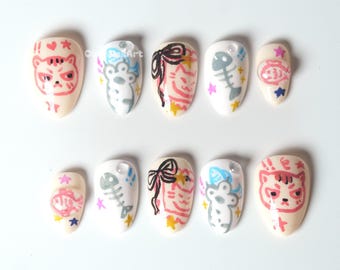 Kawaii Cat Doodle Press On Nails, Hand Drawn Nail Art, Cute Cat Nails, Whimsical Press Ons, Pink Kawaii Nails FB0O6