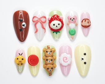 Kawaii Bear Cartoon Press On Nails, 3d Animal Nail Art, Cute Kawaii Nails, Pastel Press Ons, Handmade Nail Set VJXW9