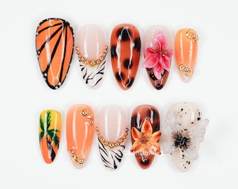 Tropical Safari Art Press On Nails, Butterfly Nail Art, Zebra Print Nails, 3d Flower Nails, Summer Nail Set DEZW9