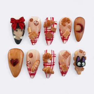 Bakery Picnic Press On Nails, Kiki Inspired Nail Art, Bread Cookie 3D Nails, Ghibli Style Cute Nails, Red Checkered Food Nail Tips