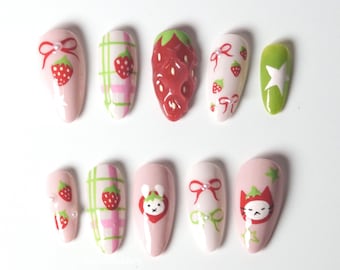 Strawberry Kawaii Press On Nails, Cute Fruit Nails, 3d Strawberry Art, Kawaii Character Nails, Pink Pastel Nails FA3TP