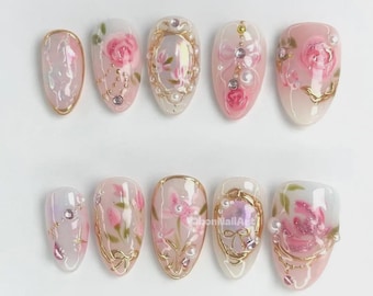 Blommiga pärlrosa press-on naglar, romantiska blomnaglar, 3D-roskonst, guldfärgade accentnaglar, press-on för brudnäbbar, pastellfärgat nagelset NL0O6