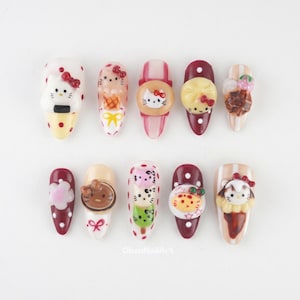 Uñas postizas con personajes de Kitty, diseño de comida, arte de Kitty, uñas postizas para fiestas, uñas Kawaii, uñas de Hello Kitty LIMZ3