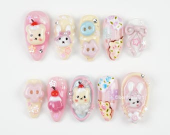 Cute Pastel Kawaii Press On Nails, 3d Bunny Nails, Kawaii Bear Art, Pastel Character Design, Sweet Anime Style XNZW9