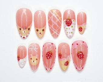 Strawberry Bear Pink Press On Nails, Kawaii Teddy Bear Nails, Cute Strawberry Nail Art, Pink Pastel Press Ons, 3d Fruit Nails XBXW9