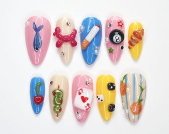 Verspielte Pop Art Nägel, 3d Cartoon Nägel, Süße Nail Art, Kawaii Press Ons, Bunte Spaß Nägel, Handgefertigte Nägel XEXW9