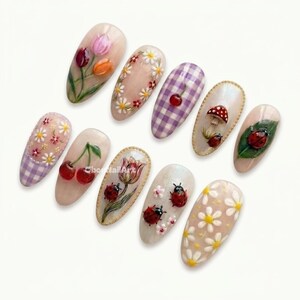 Whimsical Garden Cottagecore Press On Nails, Floral Art, Cherry Accent, Ladybug Charm, Gingham, Fairycore WOD28 - image 2