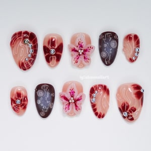 Wine Bloom Press On Nails, 3D Burgundy Flower Nails with Glossy Finish and Gem Accents for Elegant Looks OB96