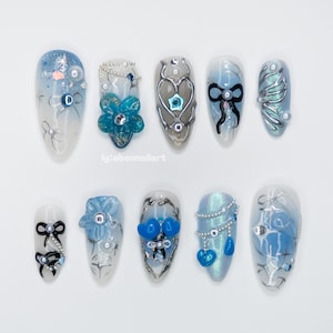 Icy Blue Chrome Press On Nails, 3D Pearl & Silver Chain Nail Art with Ribbons, Crystals Aurora Holo Accents OB97
