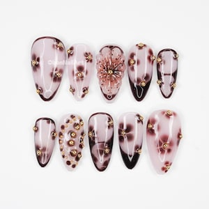 Fleur en marbre à presser sur les ongles, ongles floraux foncés, décoration d'ongles 3D, design marbré vineux, clous d'ongles dorés JEZW9