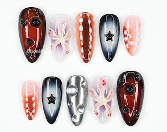 Galaxy Chrome Sci-Fi Press On Nails, Alien Nail Art, Cyberpunk Nägel, 3D-Raum-Nägel, Chrom-Stern-Akzente, futuristische Nägel HGZW9