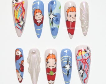 Ponyo Cartoon Blue Press On Nails, Anime Nail Art, Studio Ghibli Nails, Ocean Theme Nails, Cute Character Nails NG0O6