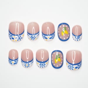 Lemon Floral French Press On Nails, Summer Nail Art, Fruit Accent Nails, Blue and Yellow Nails, Mediterranean Nails H9WW9