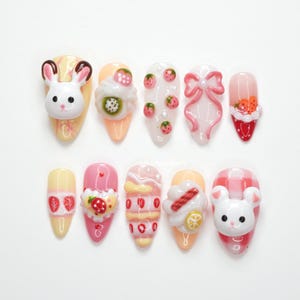 Cute Bunny Press On Nails, Strawberry Nails, Kawaii Nails, 3D Bow Nails, Pastel Sweet Press On Nails, Fruit Dessert Nails