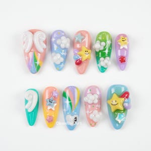 Nyckfulla stjärnmolnpress-on-naglar, kawaii 3d-nagelkonst, pastellfärgade regnbågsnaglar, söt molndesign, fantasiestetik VNZW9