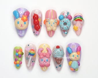 Kawaii Cartoon Pastel Press On Nails, 3d Cute Nails, Pastel Kawaii Nails, Glitter Character Nails, Harajuku Nails XDZW9