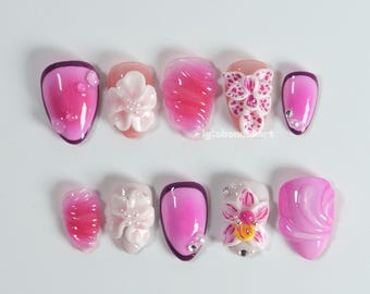 Uñas postizas de peonía dulce, diseño floral rosa 3D, uñas de gelatina ombré, uñas kawaii con flores, juego de uñas de flores hecho a mano