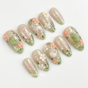 Kitty Blossom Pastel Press On Nails, Kawaii, 3D Floral Art, Sage Beige, Fairycore, Cat Lover Gift, Spring RQWCC - image 3