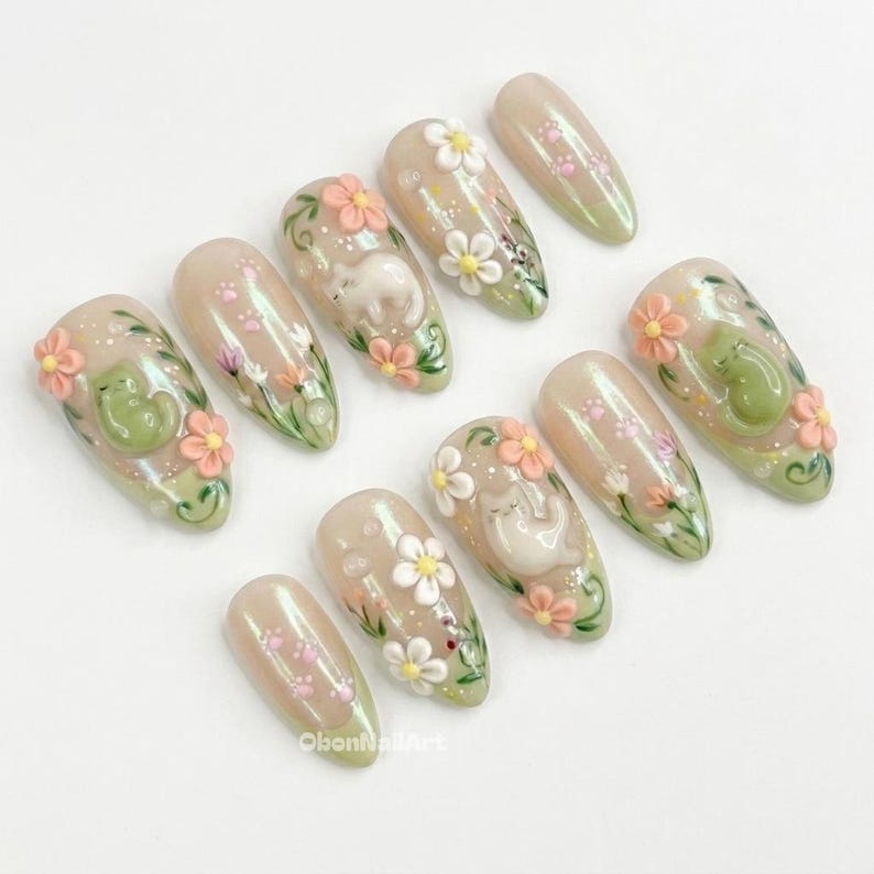 Kitty Blossom Pastel Press On Nails, Kawaii, 3D Floral Art, Sage Beige, Fairycore, Cat Lover Gift, Spring RQWCC - image 3