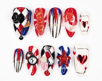 Uñas postizas de circo y carnaval, uñas de arte pop, diseño de arlequín, uñas rojas, blancas y azules, arte de uñas 3D, país de las maravillas gótico LGZW9