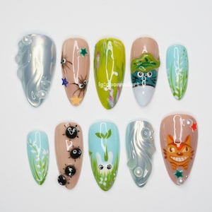 Totoro Forest Press On Nails, Ghibli-Inspired Nail Art, Soot Sprite & Catbus Nails, Nature Fantasy Cute Nails, Handmade Studio Ghibli OB135