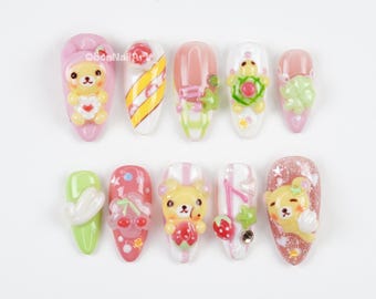 Cute Bear Candy Press On Nails, Kawaii 3d Nail Art, Strawberry Charm Nails, Pastel Bear Nails, Whimsical Design LVZW9
