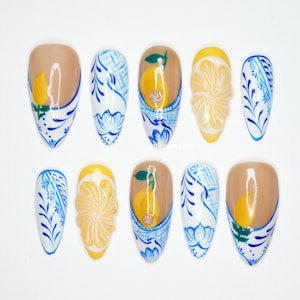Lemon Press On Nails, Mediterranean Nail Art, Blue Floral Nails, 3D Flower Nails, Summer Fruit Nails, Hand Painted Elegant Nails